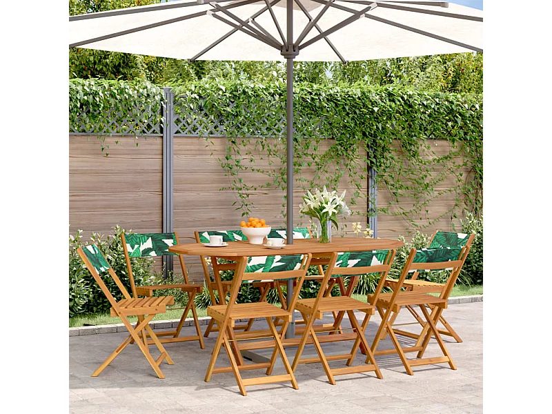 Set di 8 sedie pieghevoli da giardino in tessuto verde e legno massello