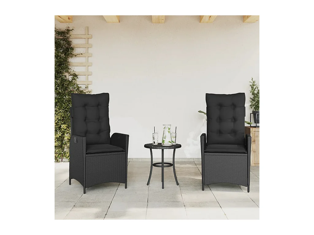 Chaises inclinables de jardin lot de 2 et coussins noir rotin