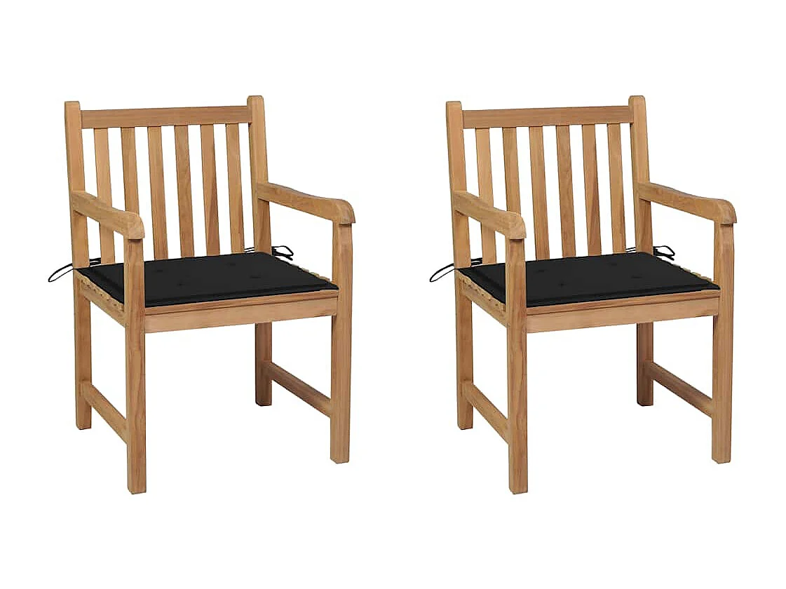 Chaises de jardin lot de 2 et coussins noir Bois de teck massif