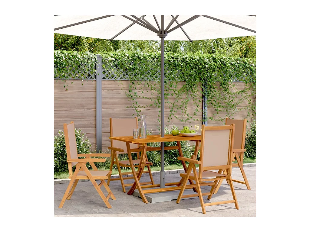 Set di 4 sedie da giardino reclinabili in tessuto color tortora e legno massello