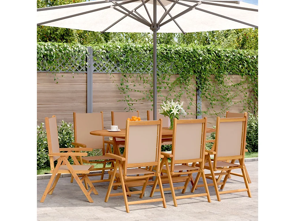 Set di 8 sedie da giardino reclinabili in tessuto color tortora e legno massello
