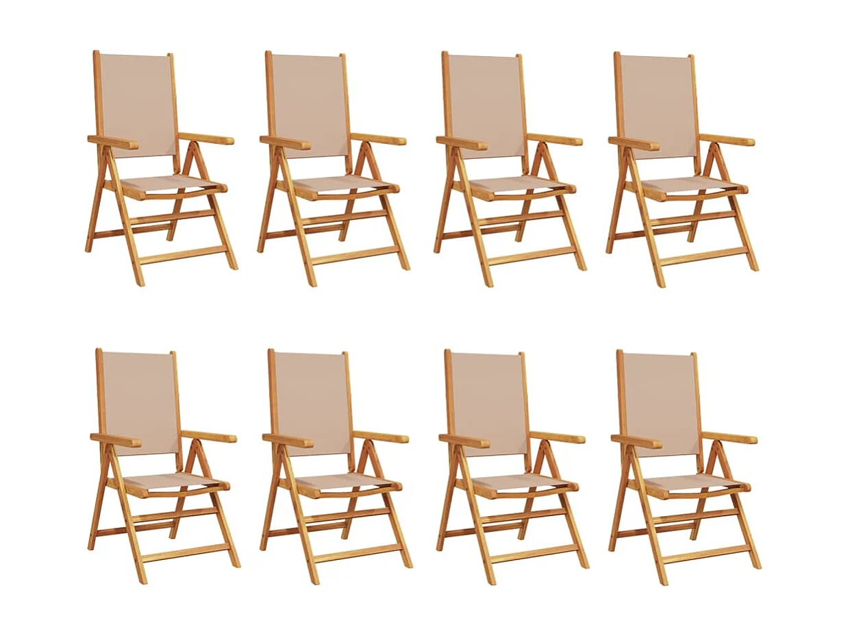 Set di 8 sedie da giardino reclinabili in tessuto color tortora e legno massello