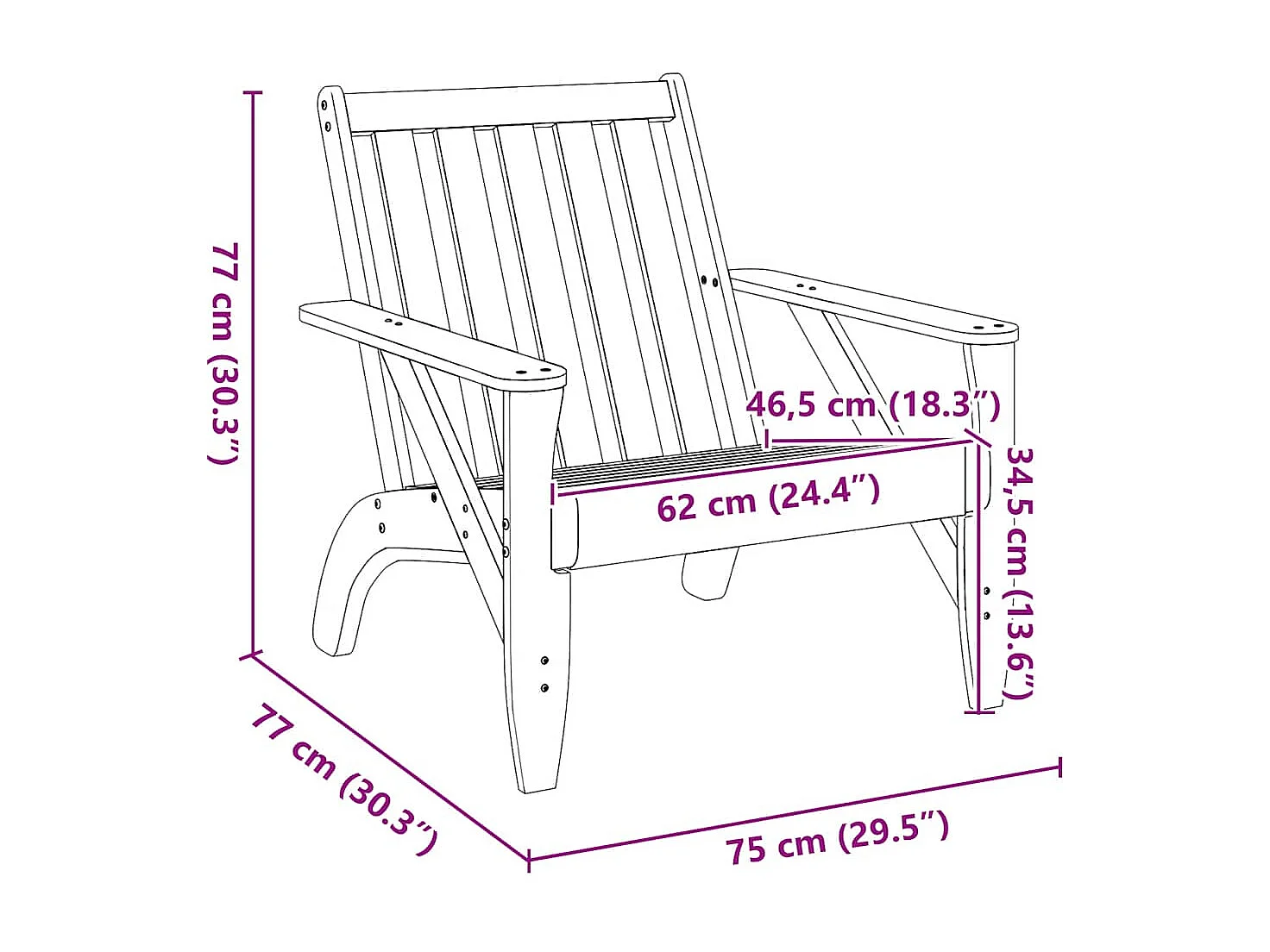 Chaise de jardin adirondack 75x77x77 cm bois massif de pin