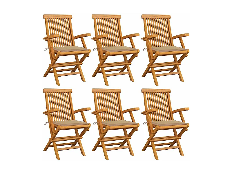 Gartenstühle mit beigen Kissen 6er Set Massivholz Teak