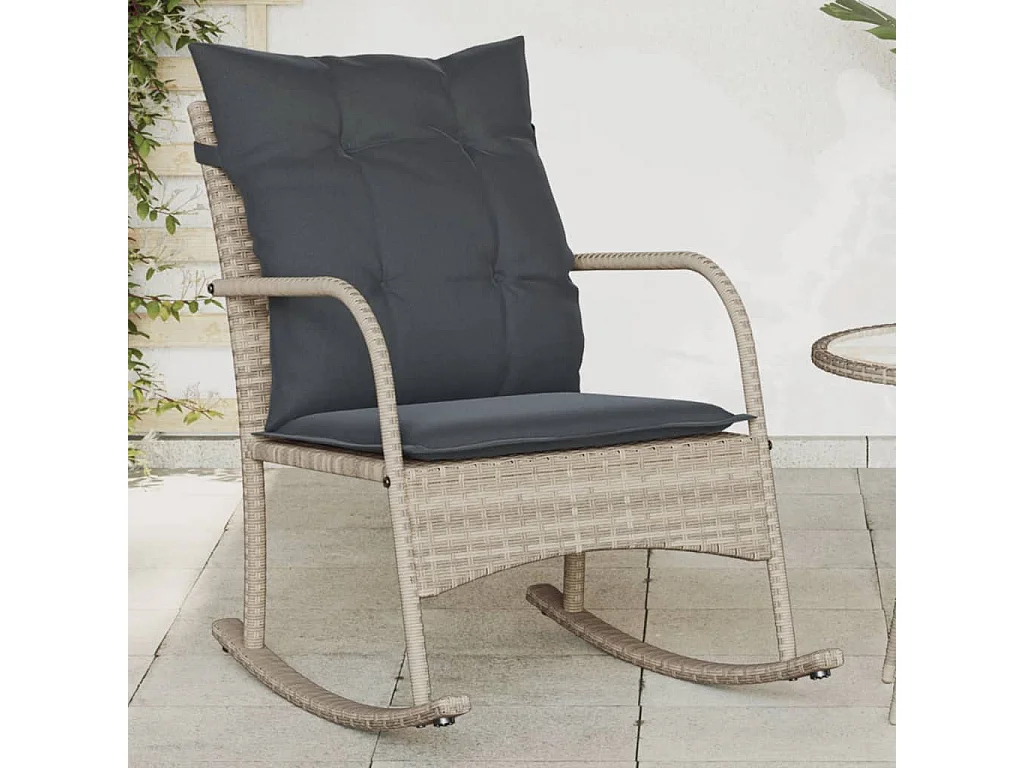 Sedia a dondolo da giardino con cuscini in polyrattan grigio chiaro