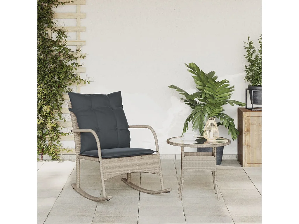 Sedia a dondolo da giardino con cuscini in polyrattan grigio chiaro