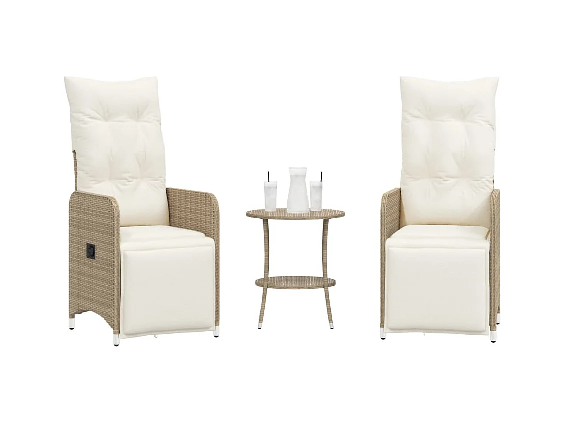 Chaises inclinables de jardin lot de 2 avec table beige rotin