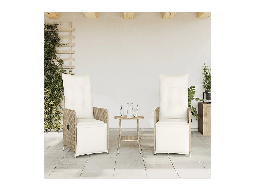 Chaises inclinables de jardin lot de 2 avec table beige rotin