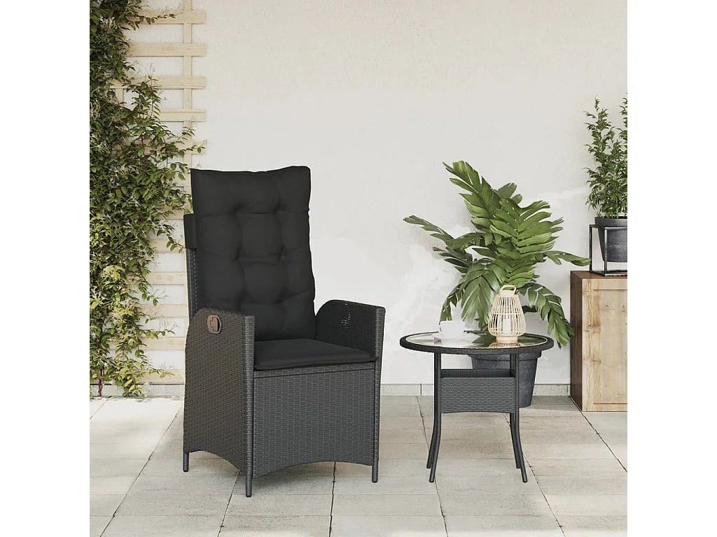 Silla de jardín reclinable con cojines de mimbre de resina negra