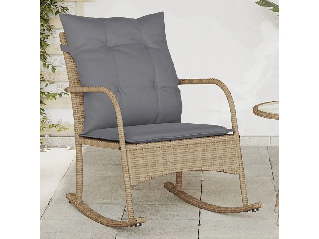 Chaise à bascule de jardin avec coussins beige résine tressée