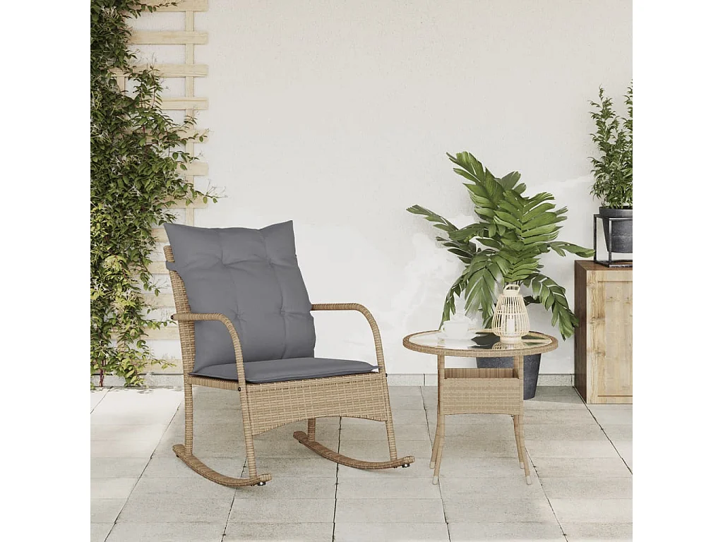 Chaise à bascule de jardin avec coussins beige résine tressée