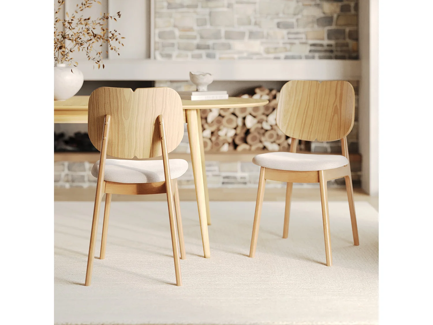 Lot de 2 chaises en bois clair et tissu beige - Clyde