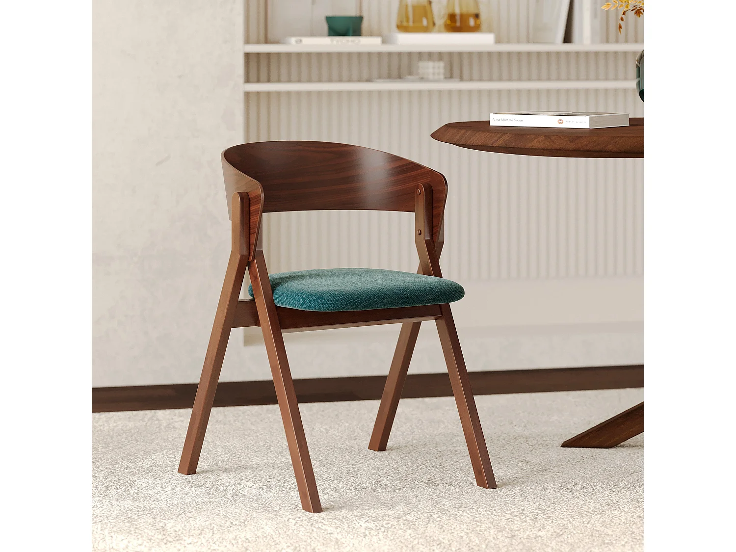 Chaise en bois d'hévéa et tissu vert chiné - Héloïse