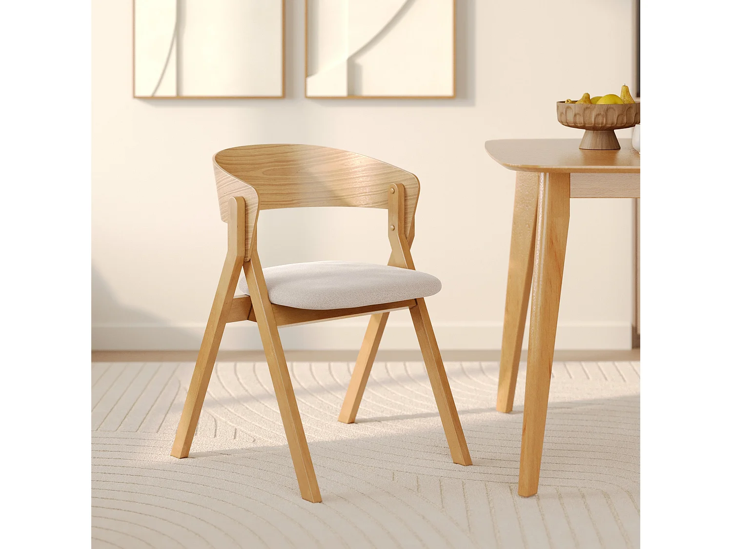 Chaise en bois d'hévéa et tissu beige - Héloïse
