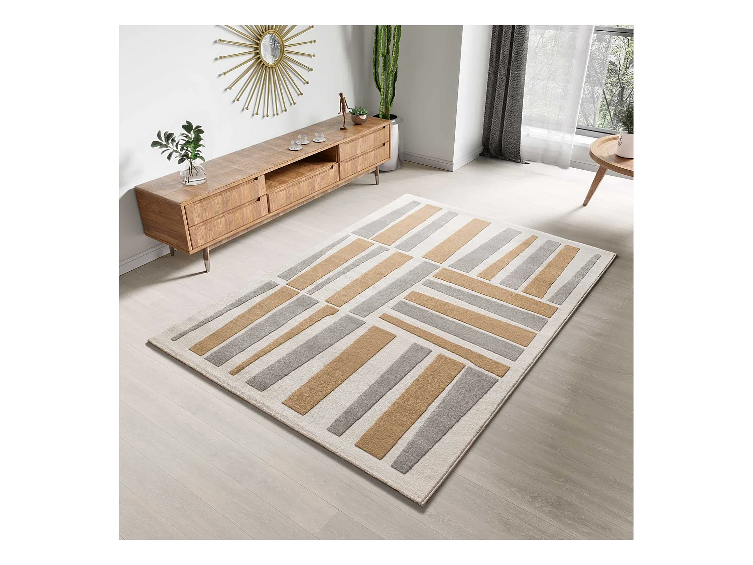 Tapis intérieur - géométrique avec relief - argent - 80 x 150 cm - FLORA
