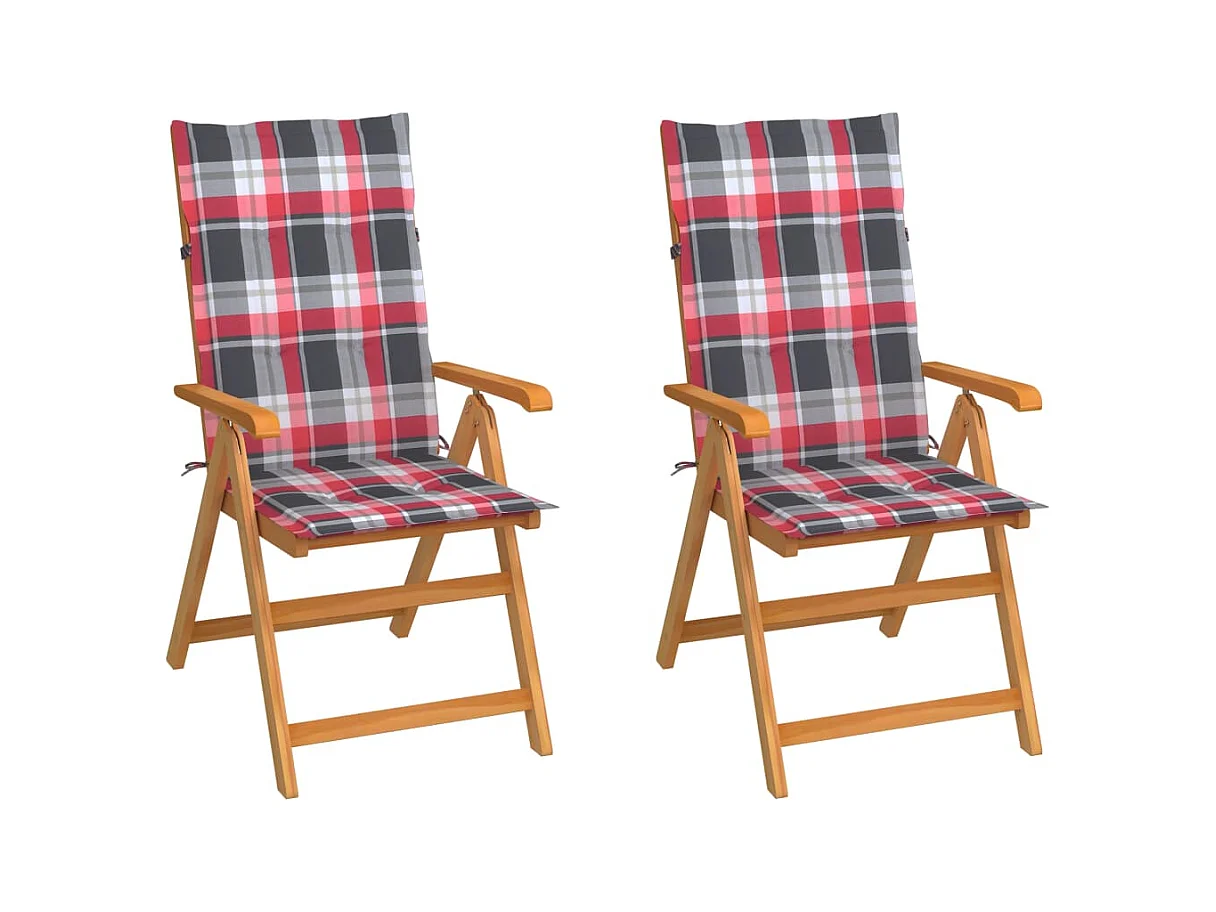 Set di 2 sedie da giardino e cuscini a scacchi rossi Teak