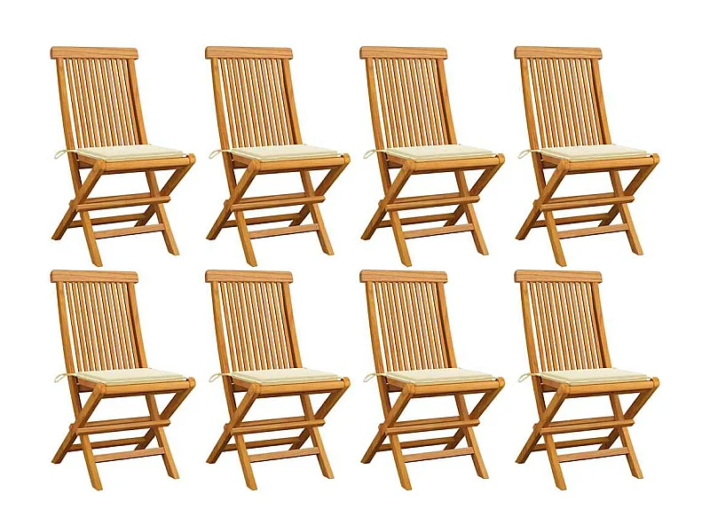 Conjunto de 8 cadeiras de jardim e almofadas creme Madeira de teca maciça