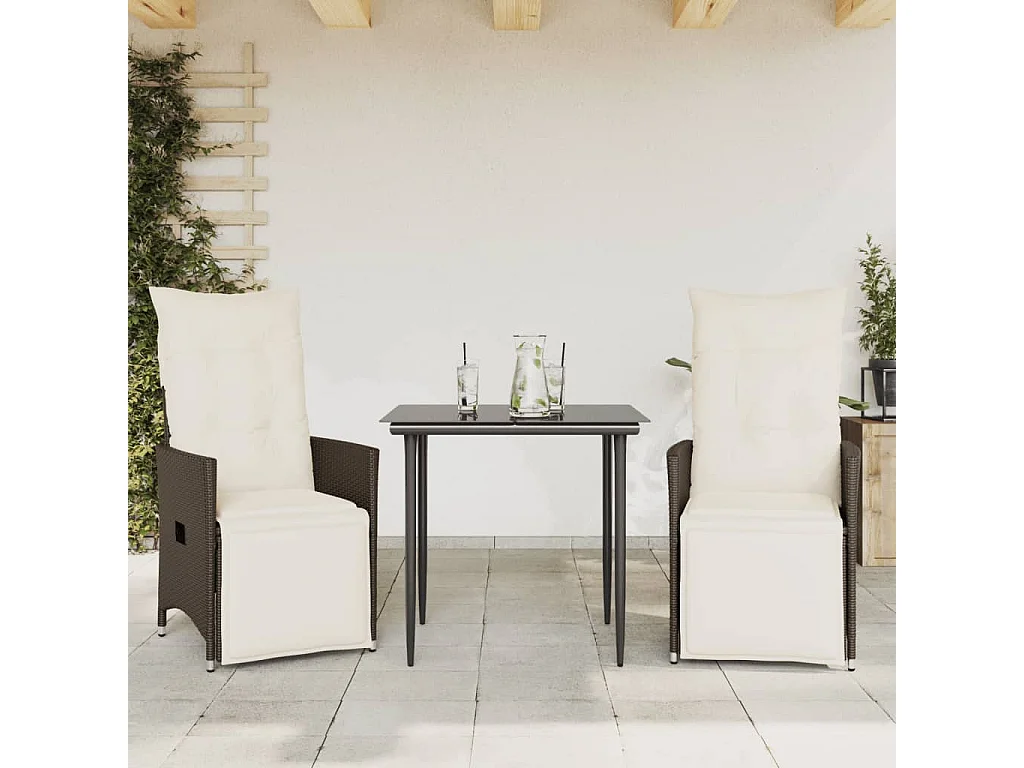 Chaises inclinables de jardin lot de 2 et coussins marron rotin