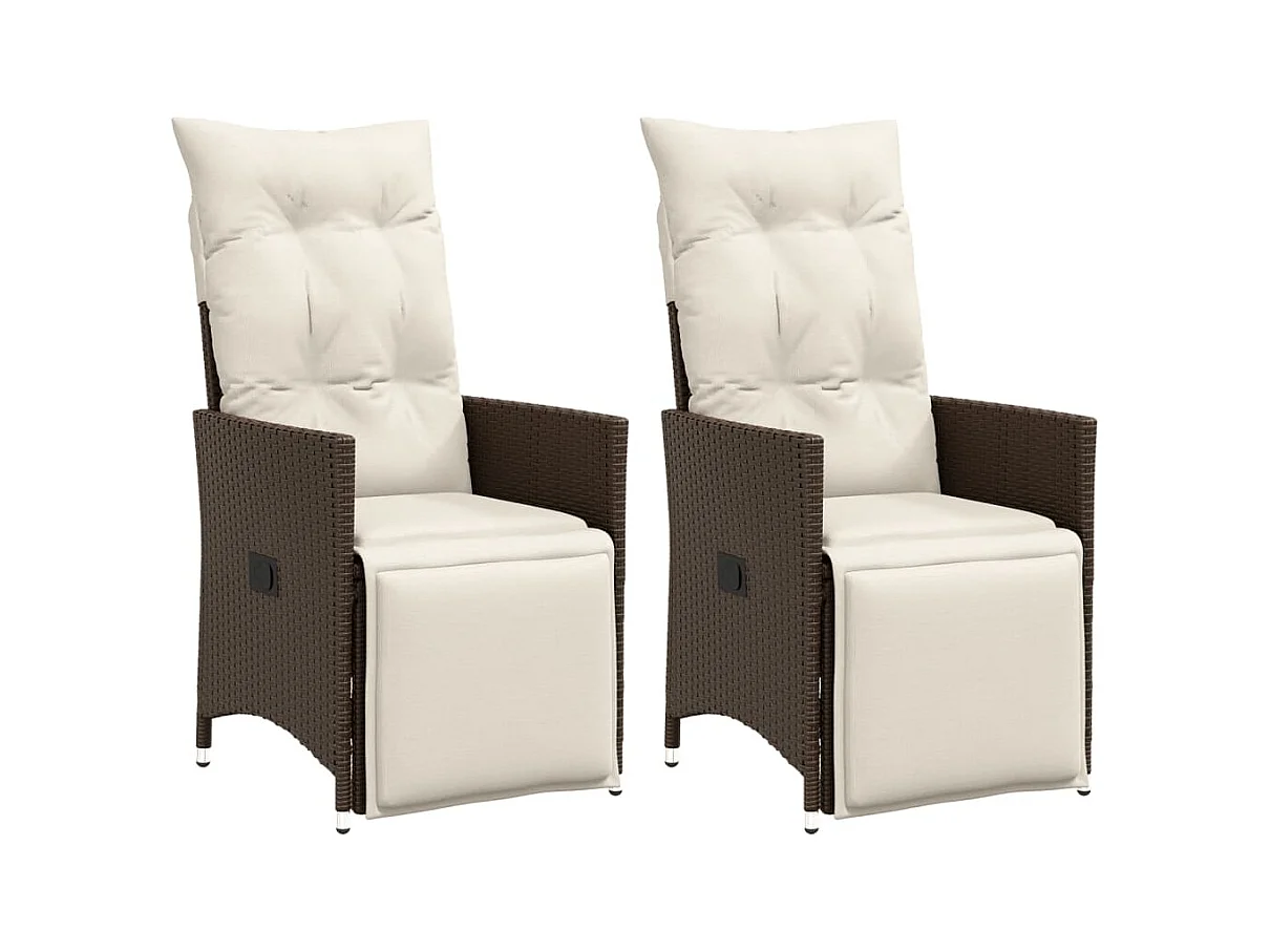 Chaises inclinables de jardin lot de 2 et coussins marron rotin
