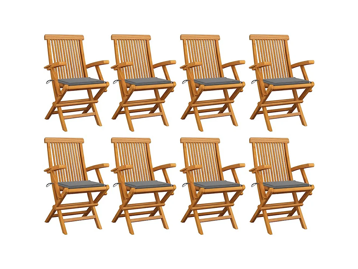 Chaises de jardin avec coussins gris lot de 8 Bois teck massif