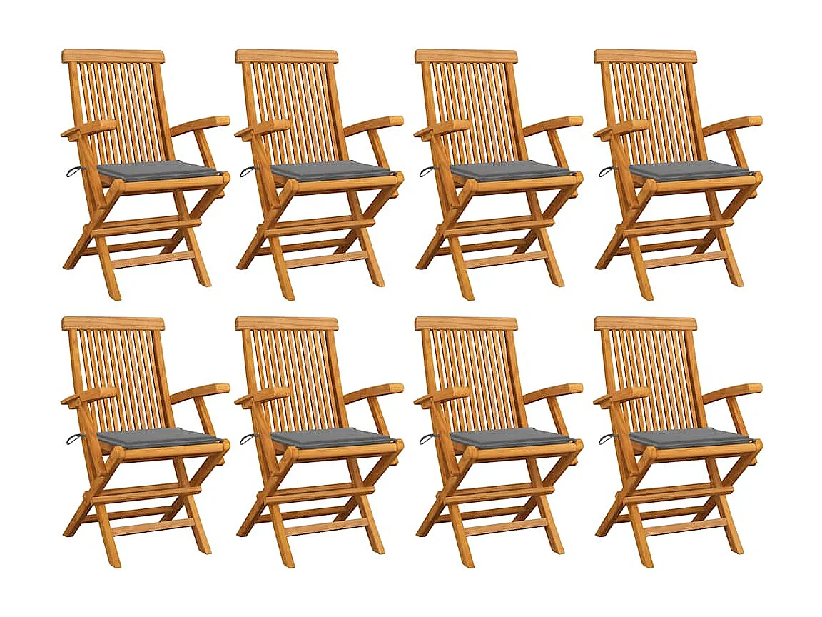 Chaises de jardin avec coussins gris lot de 8 Bois teck massif