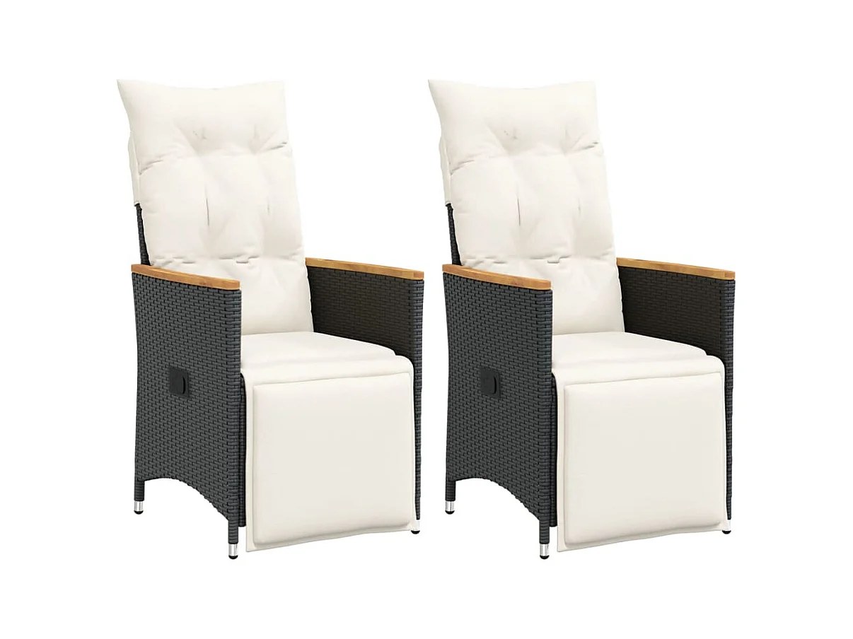 Chaises inclinables de jardin lot de 2 et coussins noir rotin