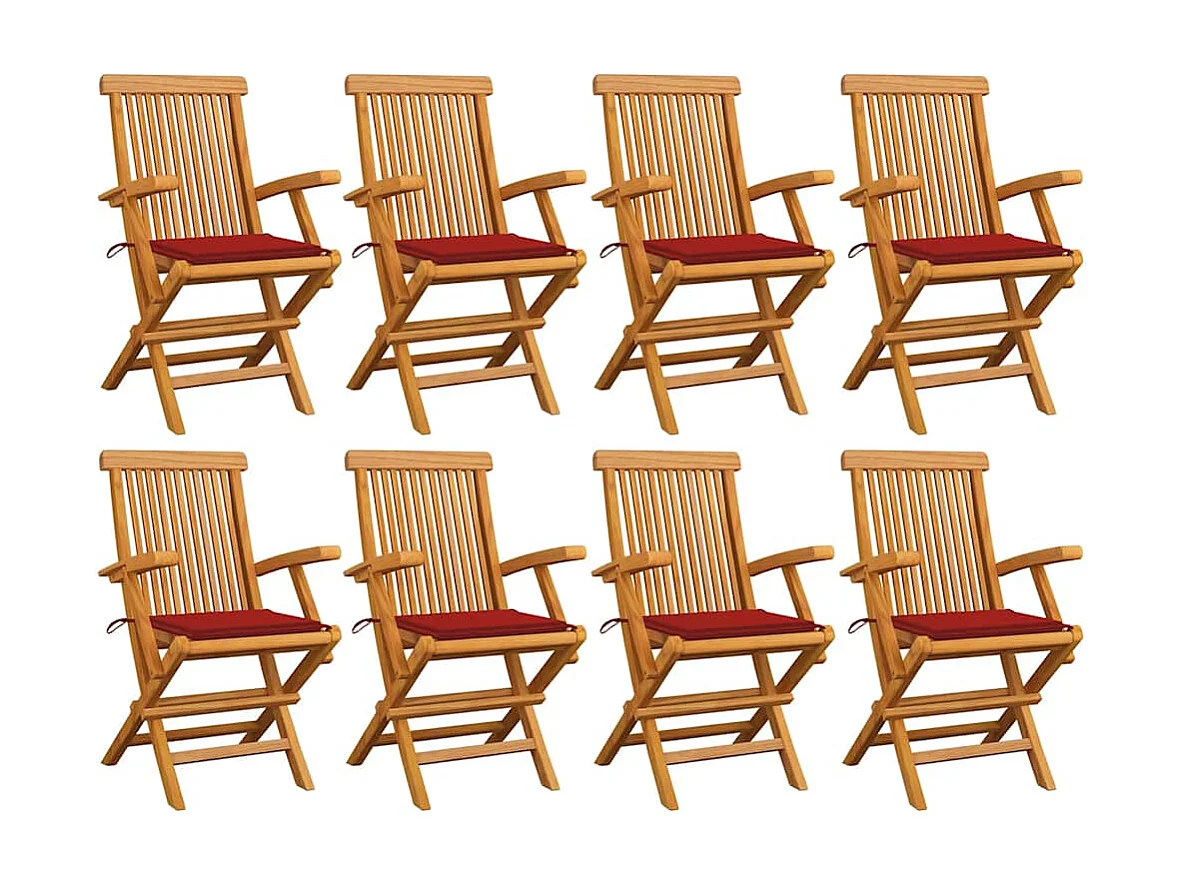 Chaises de jardin avec coussins rouge lot de 8 Teck massif