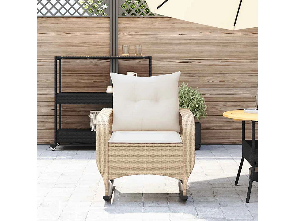Chaise à bascule de jardin avec coussins beige résine tressée