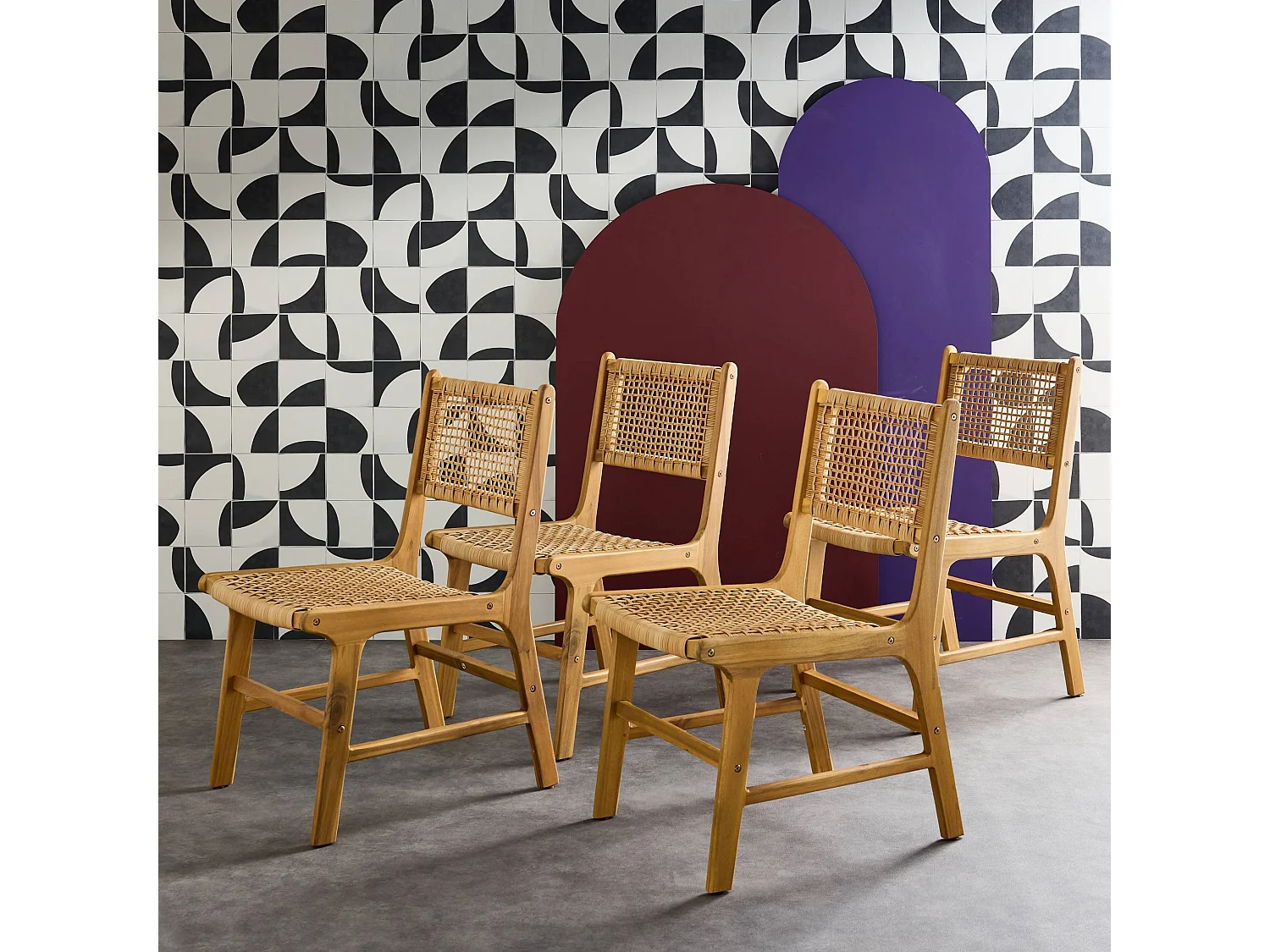 Set di 4 sedie in canna e legno, marrone naturale