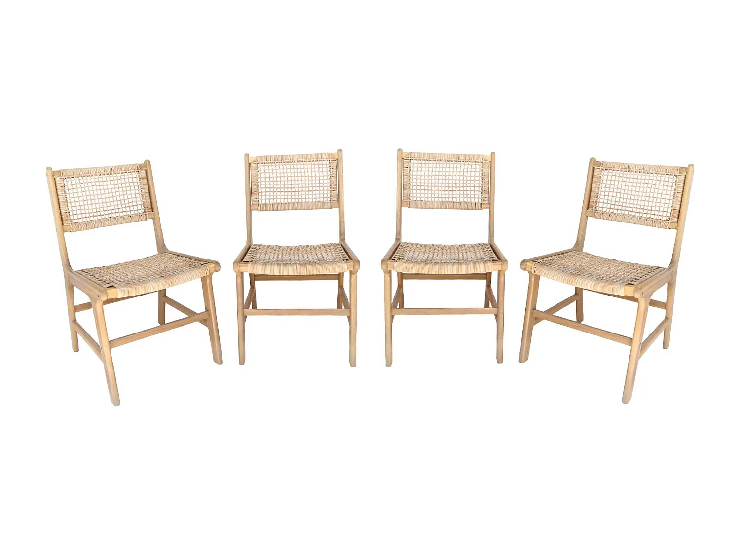 Set di 4 sedie in canna e legno, marrone naturale