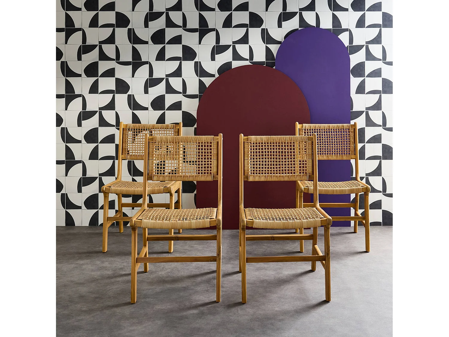 Set 4 sedie da giardino in canna e legno, marrone naturale