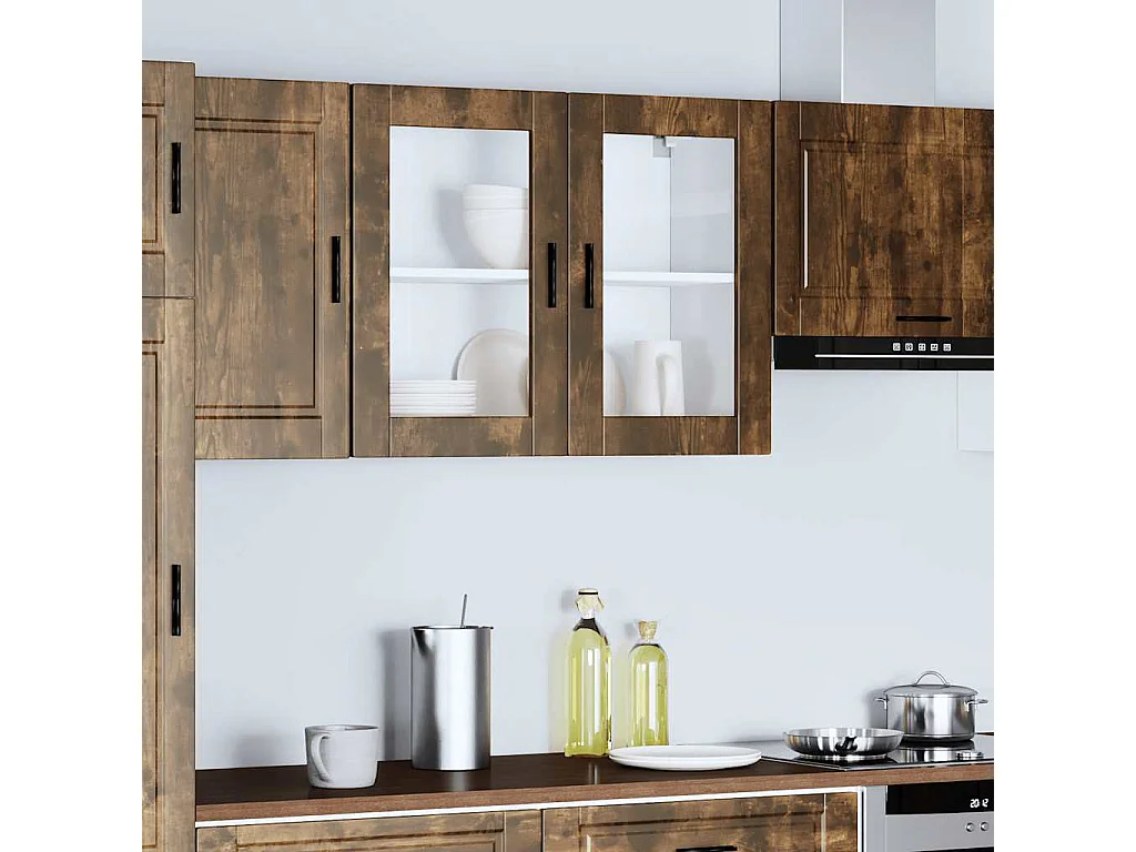 Armoire murale de cuisine avec porte en verre Porto chêne fumé