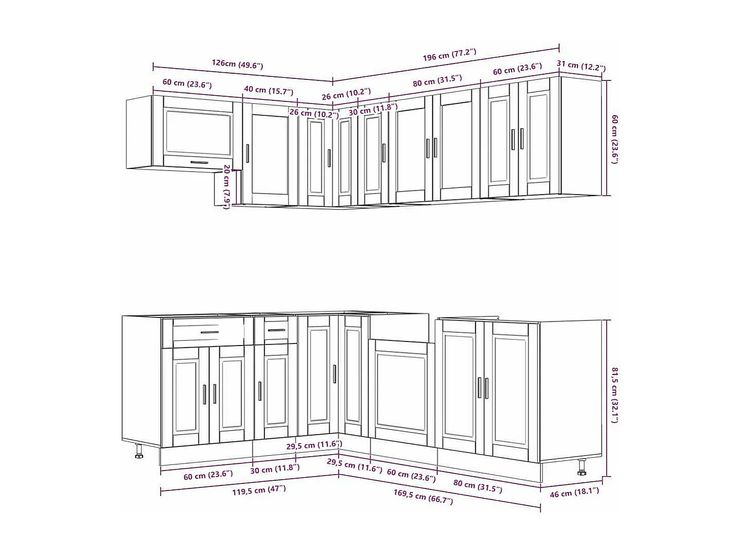 Conjunto de armários de cozinha de madeira projetada Porto 11 peças