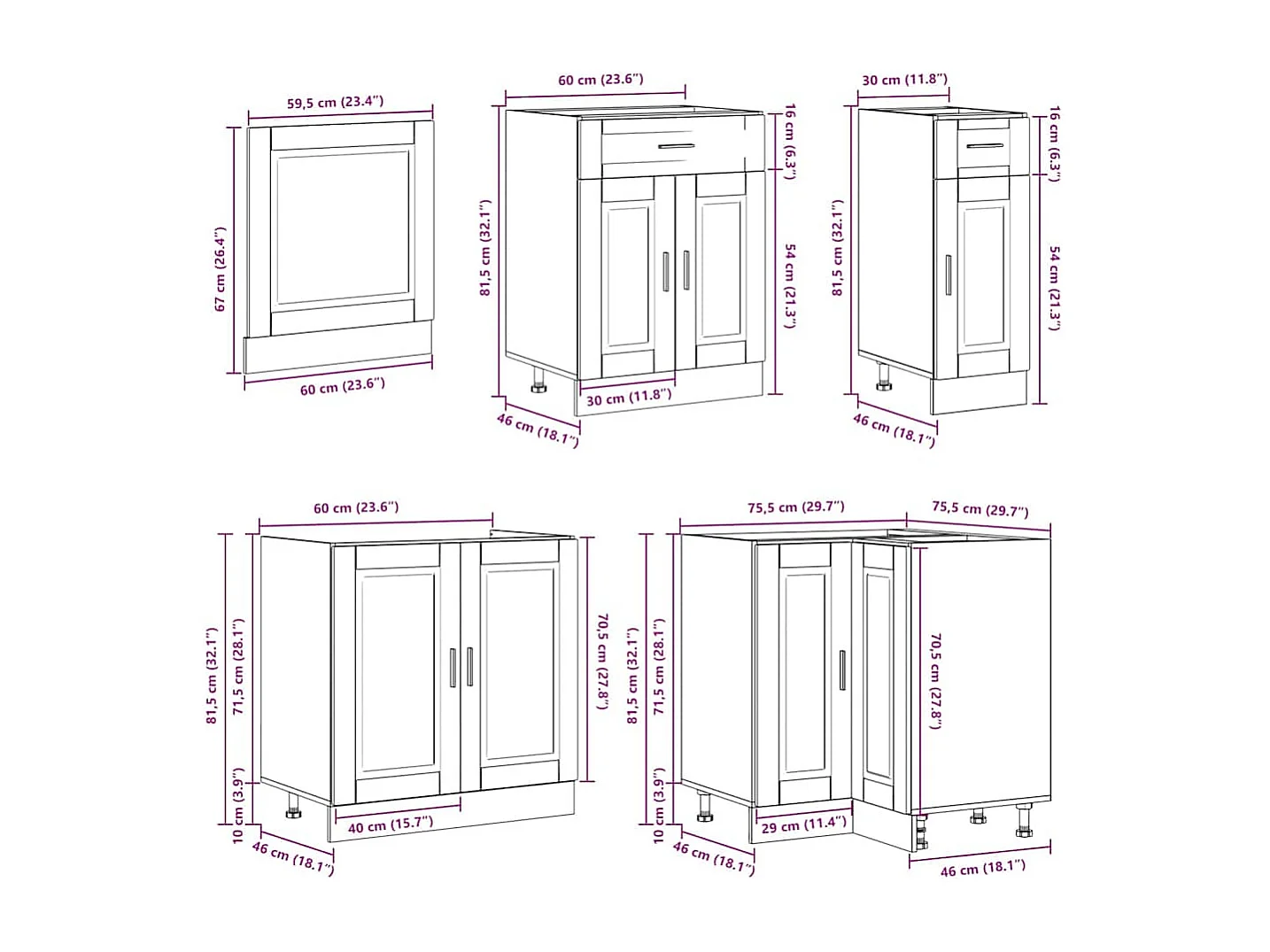Conjunto de armários de cozinha de madeira projetada Porto 11 peças