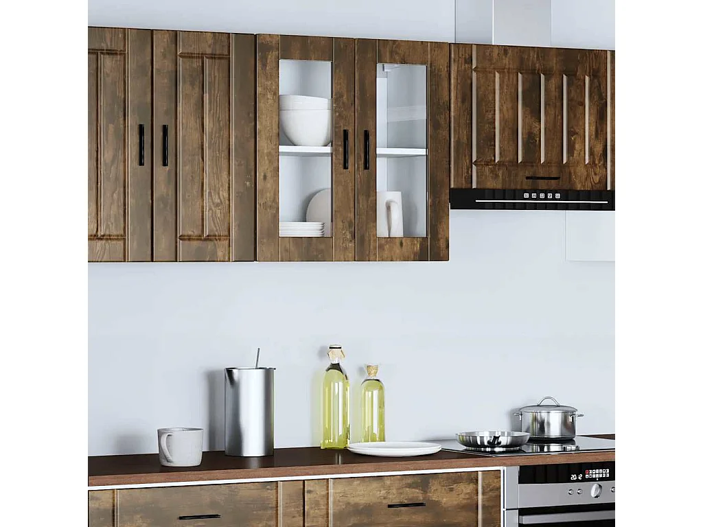 Armoire murale de cuisine avec porte en verre Porto chêne fumé