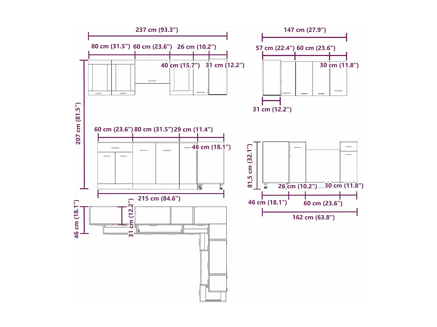 Juego de 11 muebles de cocina de madera antigua
