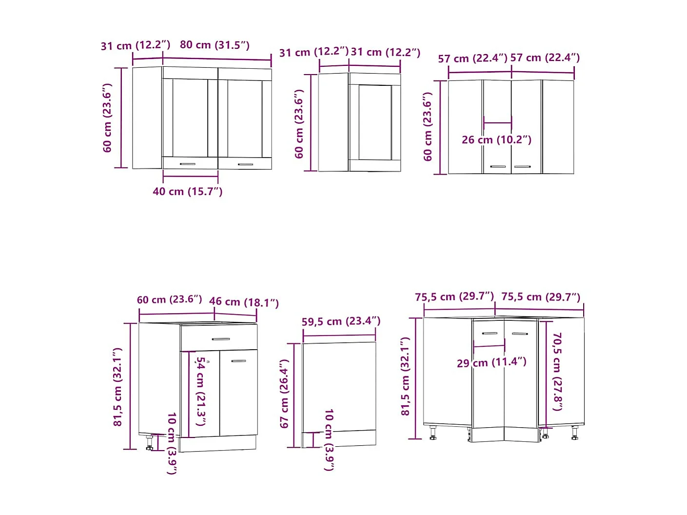 Juego de 11 muebles de cocina de madera antigua
