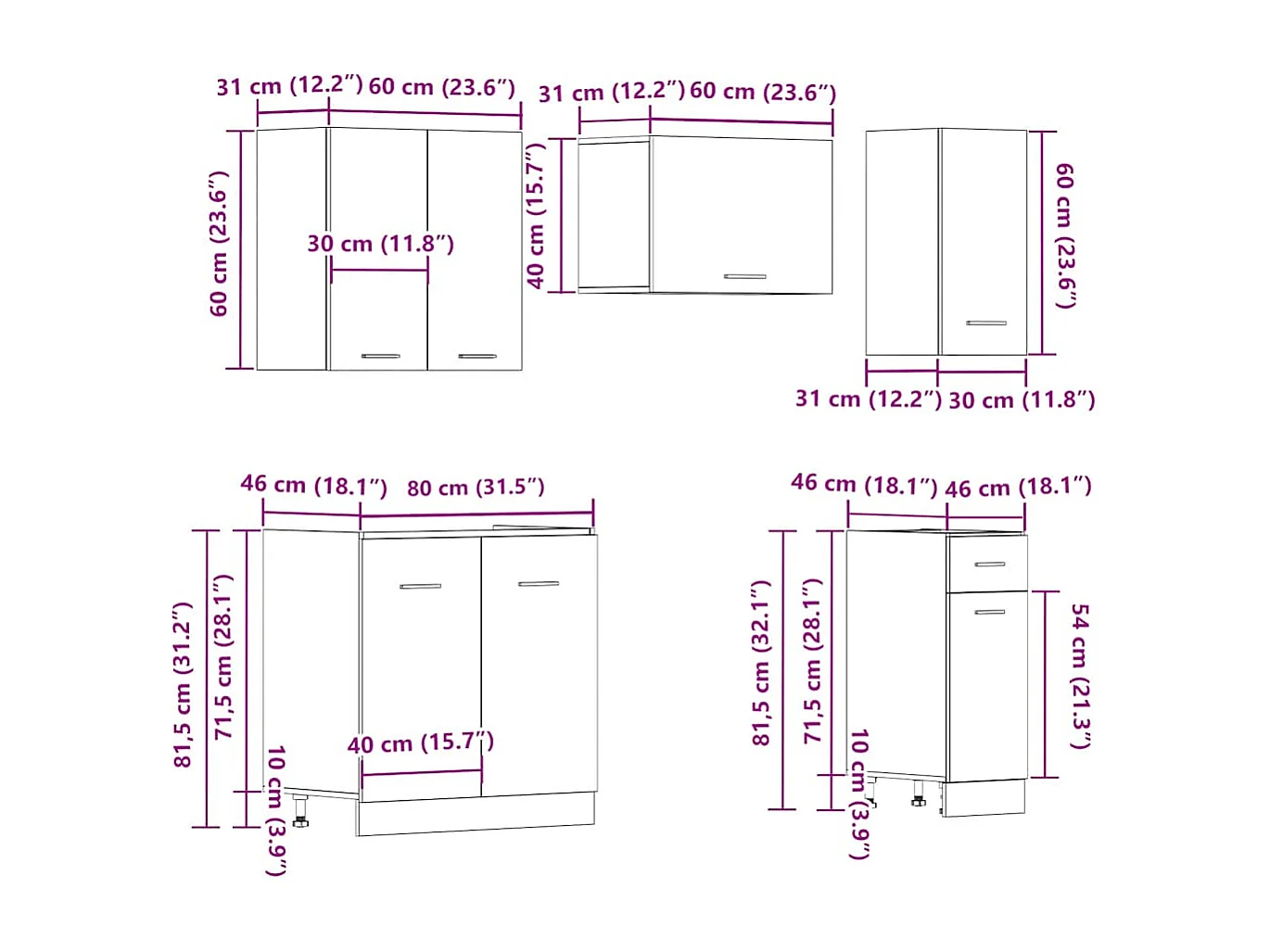 Juego de 11 muebles de cocina de madera antigua