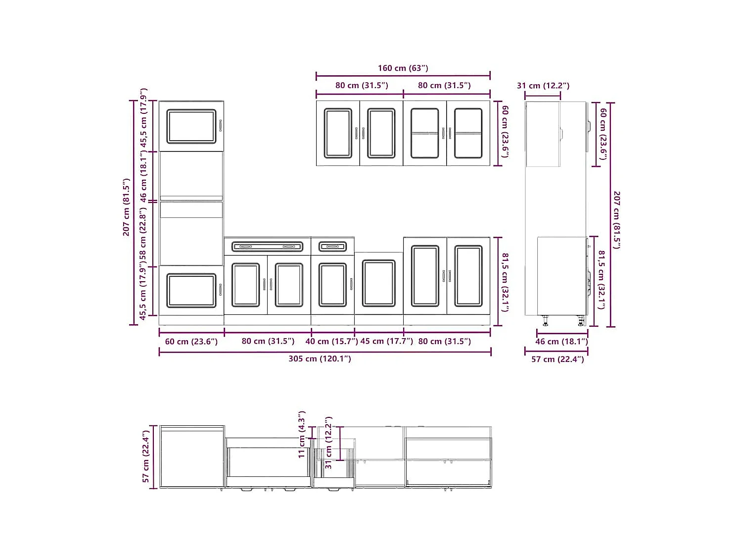 Kalmar 7-delige keukenkastset van bewerkt hout
