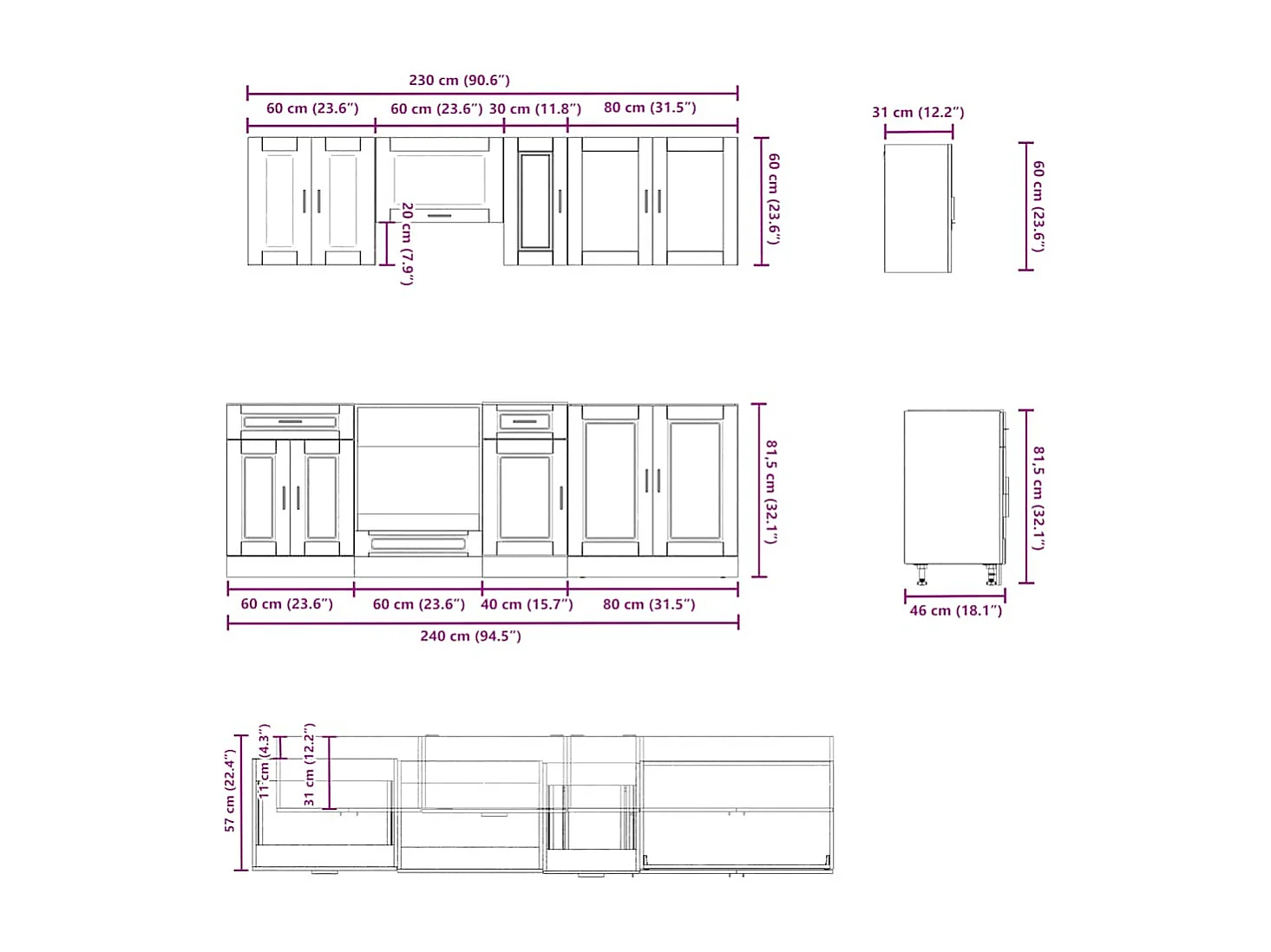 Conjunto de armários de cozinha Kalmar 8 peças de madeira projetada