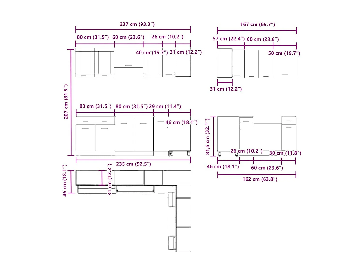 Set di 11 mobili da cucina in legno vecchio
