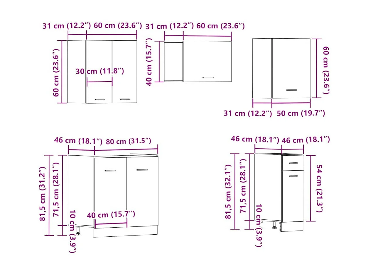 Set di 11 mobili da cucina in legno vecchio