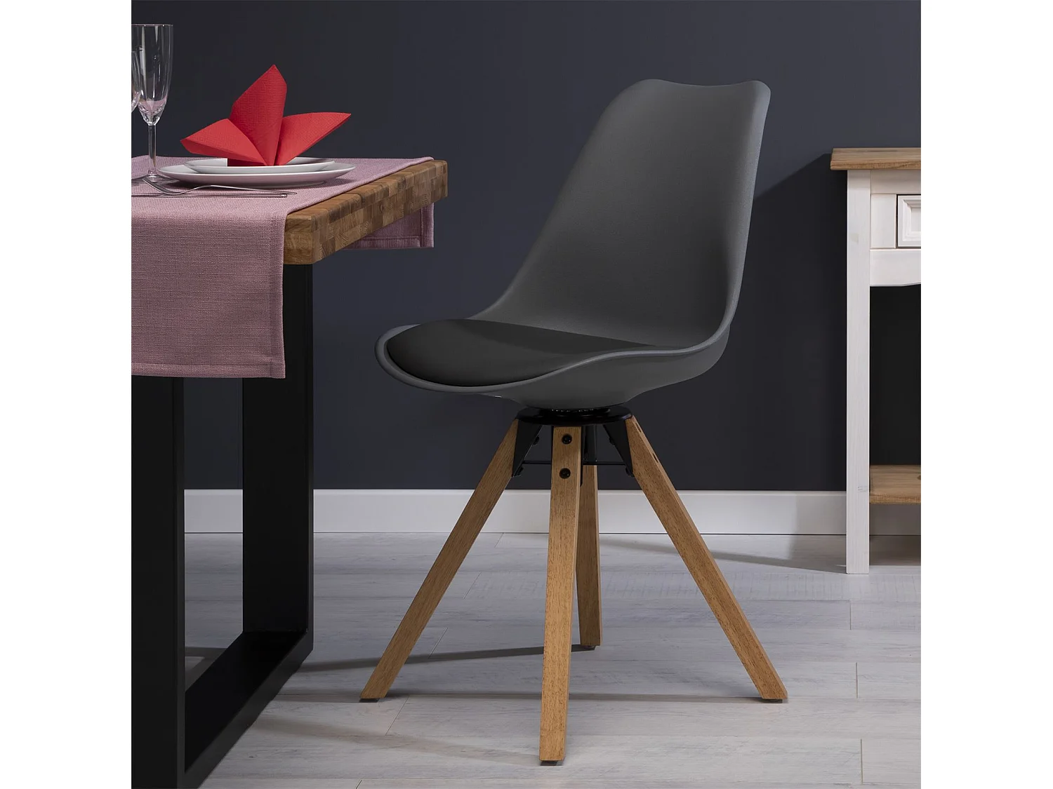 Lot de 2 chaises de salle à manger BOLIVIA pivotantes style scandinave design nordique pieds en bois massif, siège en plastique gris