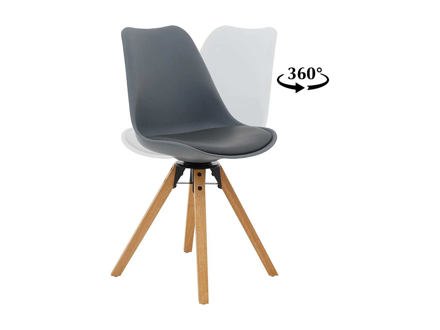 Lot de 2 chaises de salle à manger BOLIVIA pivotantes style scandinave design nordique pieds en bois massif, siège en plastique gris