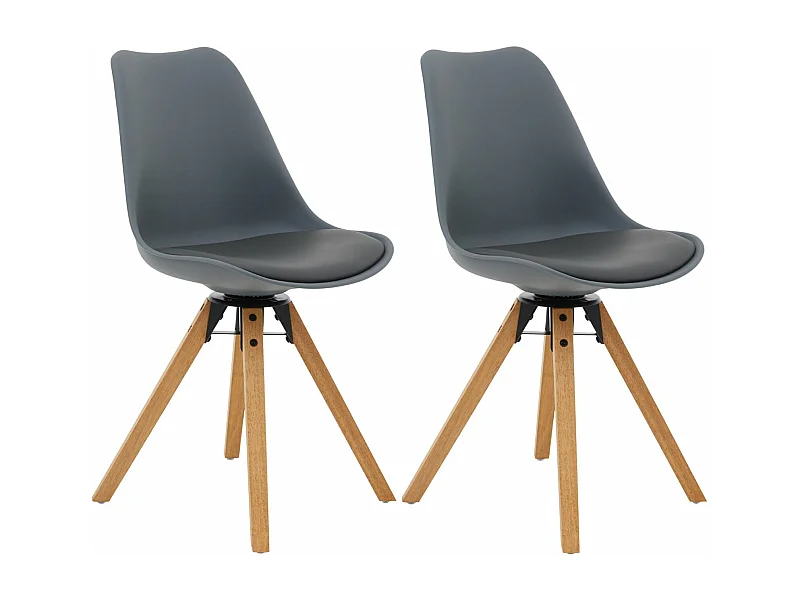 Lot de 2 chaises de salle à manger BOLIVIA pivotantes style scandinave design nordique pieds en bois massif, siège en plastique gris