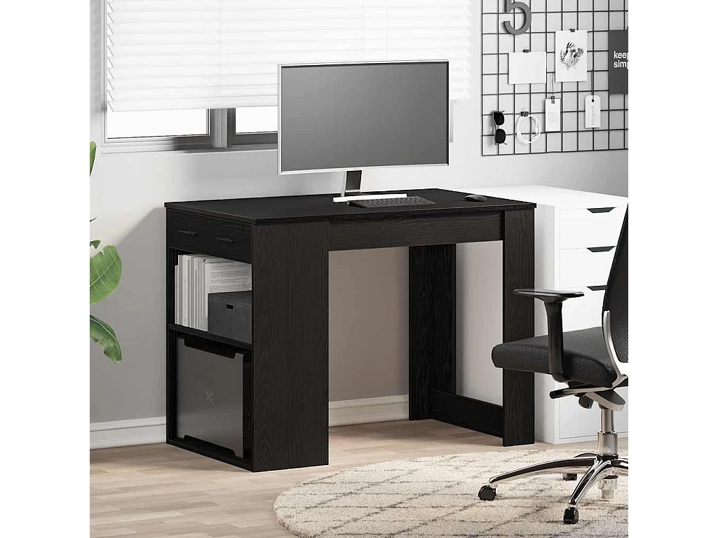 Bureau avec tiroir et étagère chêne noir bois d'ingénierie