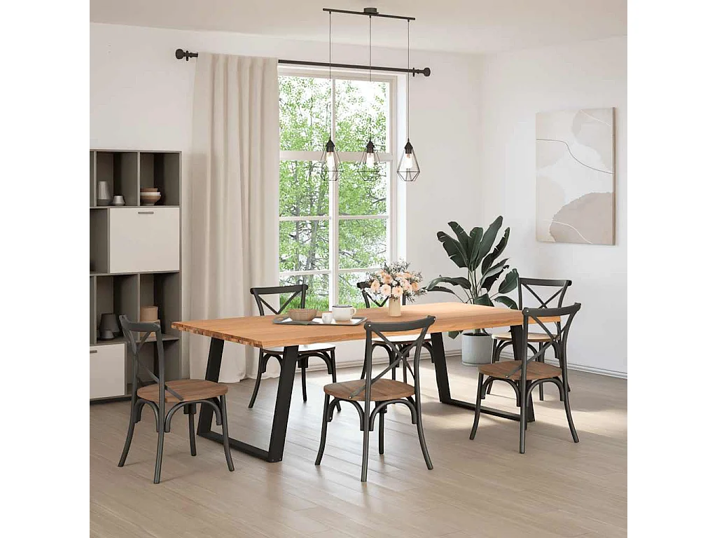 Mesa de jantar e madeira maciça de carvalho com borda natural retangular