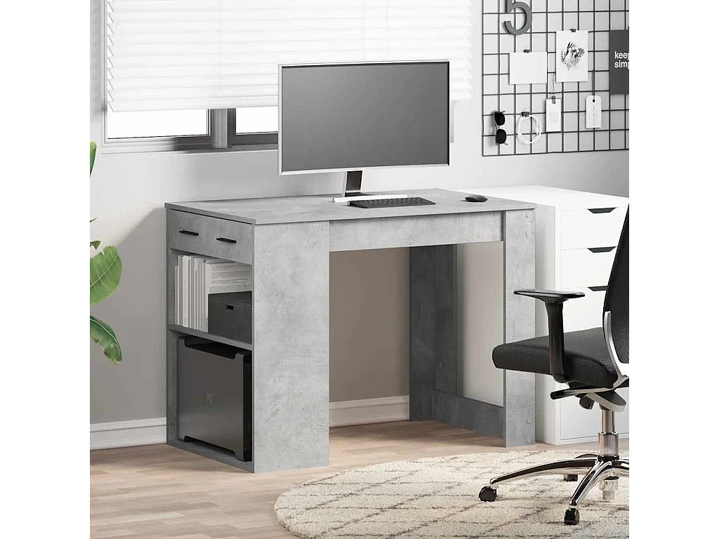 Bureau avec tiroir et étagère gris béton bois d'ingénierie