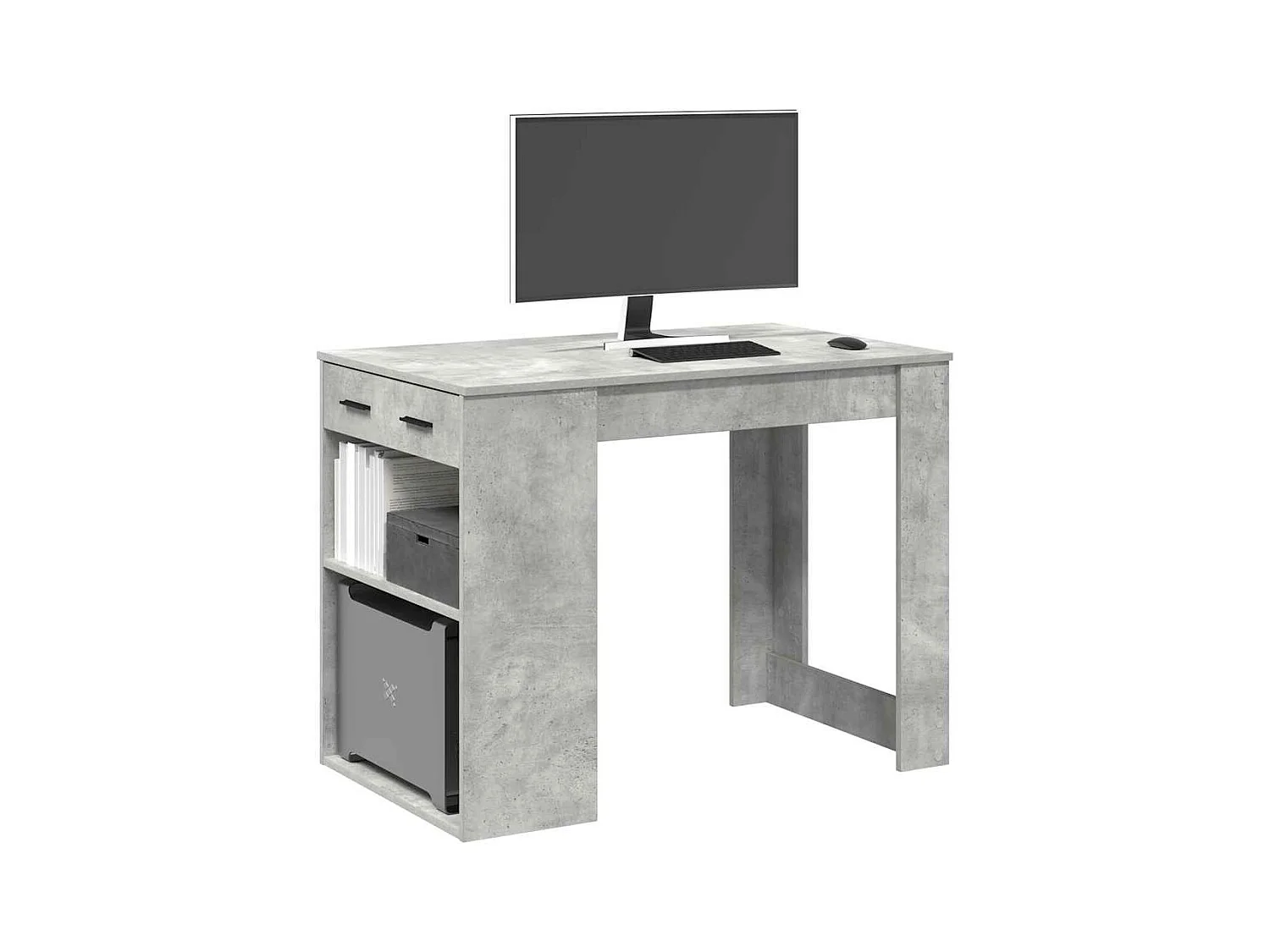 Scrivania con cassetto e ripiano in legno ingegnerizzato grigio cemento