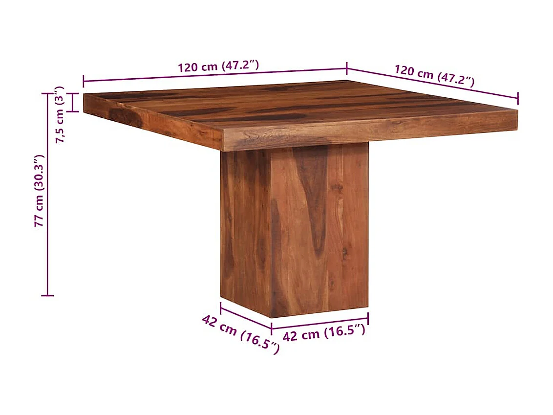 Mesa de jantar 120x120x77 cm madeira maciça de acácia